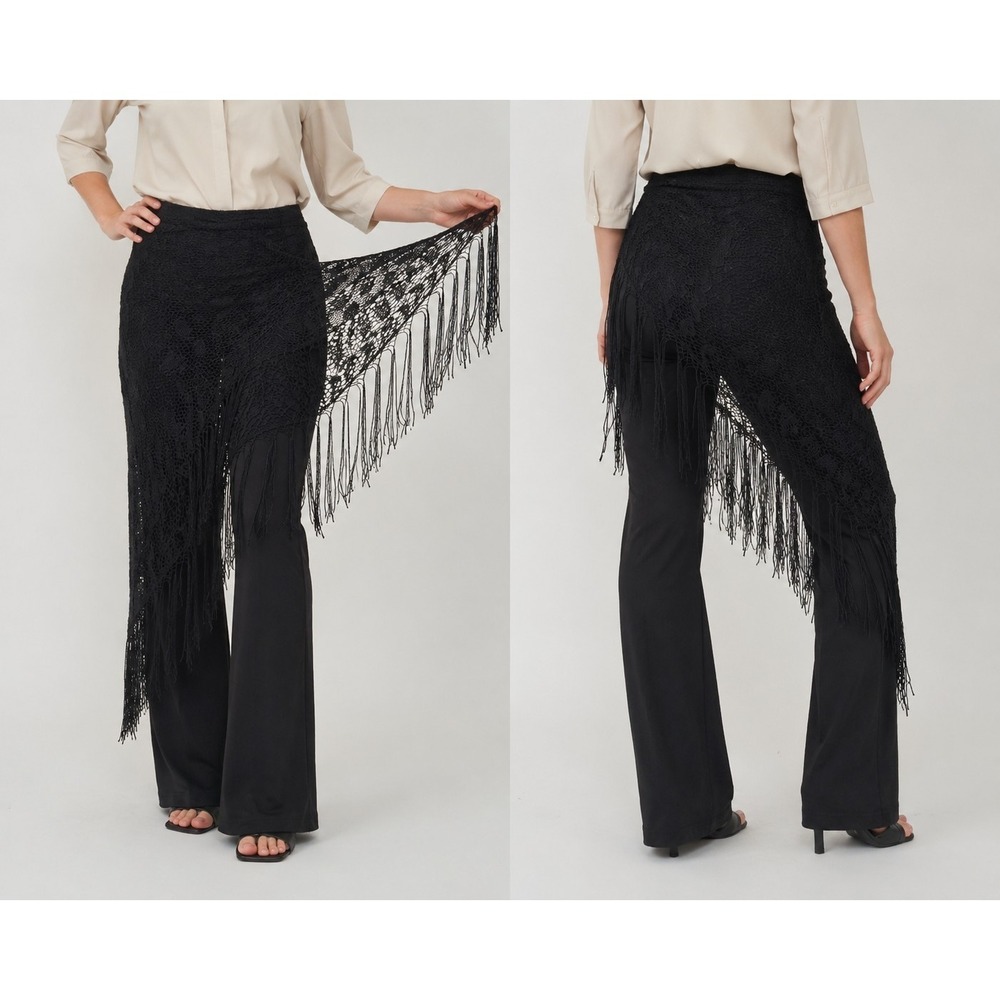 Casadei Black Fringe Lace Overlay Pants Women's Medium Boho Festival Wide Leg...